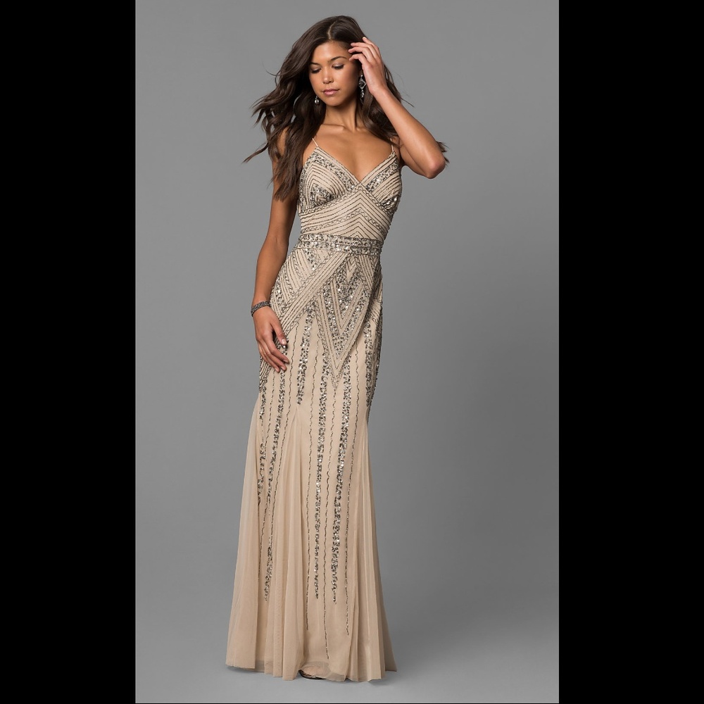 Blush Deco Beaded Spaghetti-Strap Gown